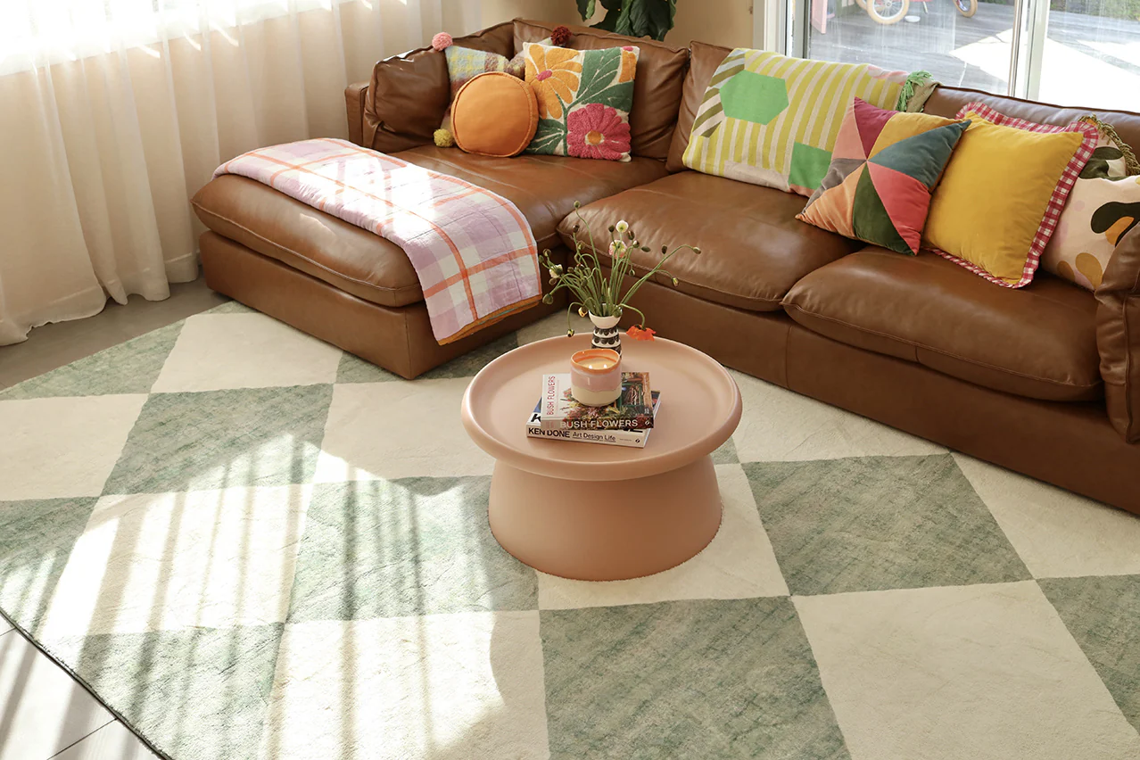 Octavia Green Cream Checkered Washable Rug - Image 7