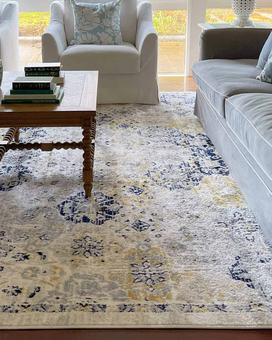 Priscilla Yellow and Navy Blue Floral Transitional Rug - Image 2