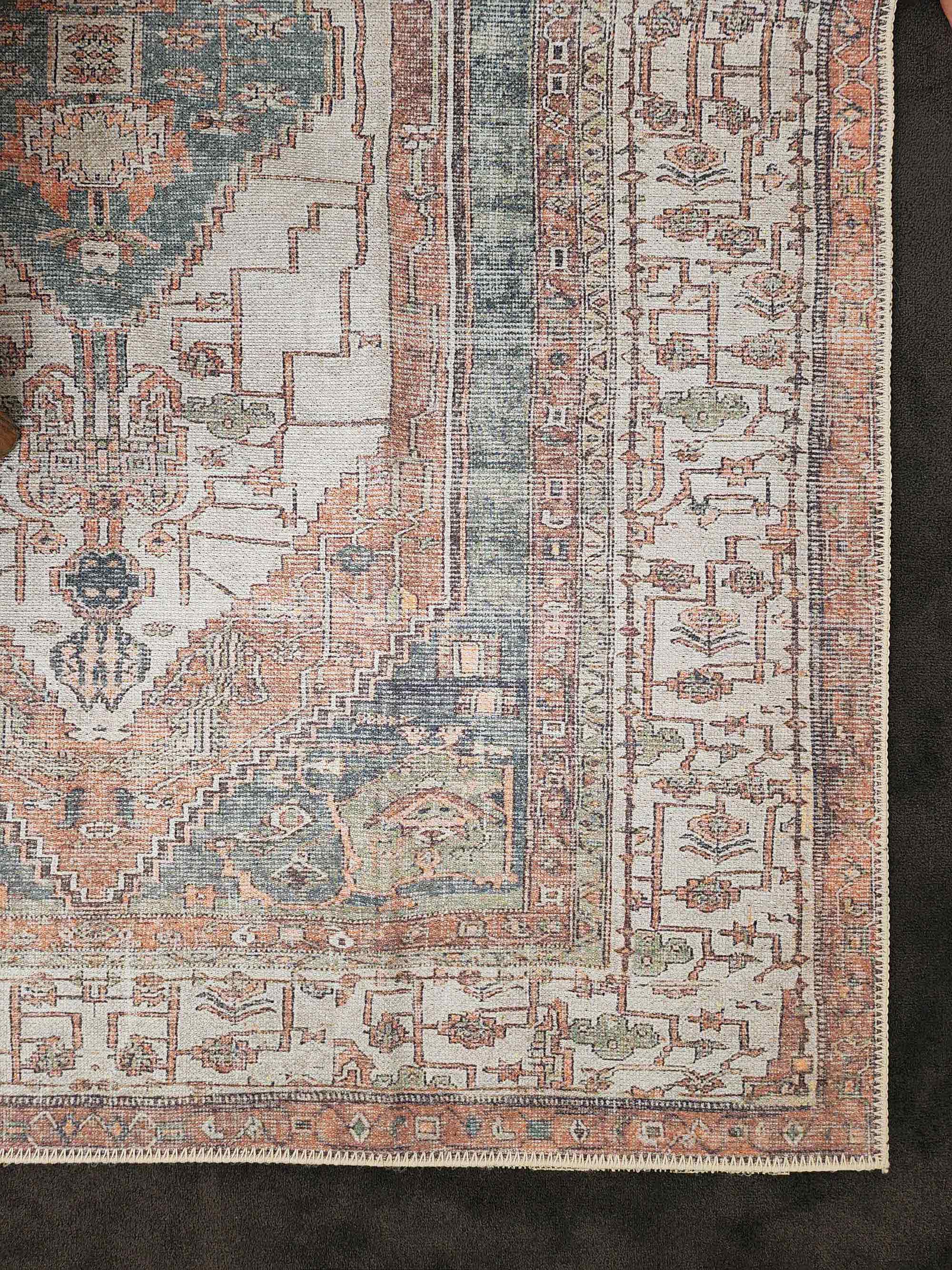 Priya Orange and Green Traditional Distressed Washable Rug - Image 4