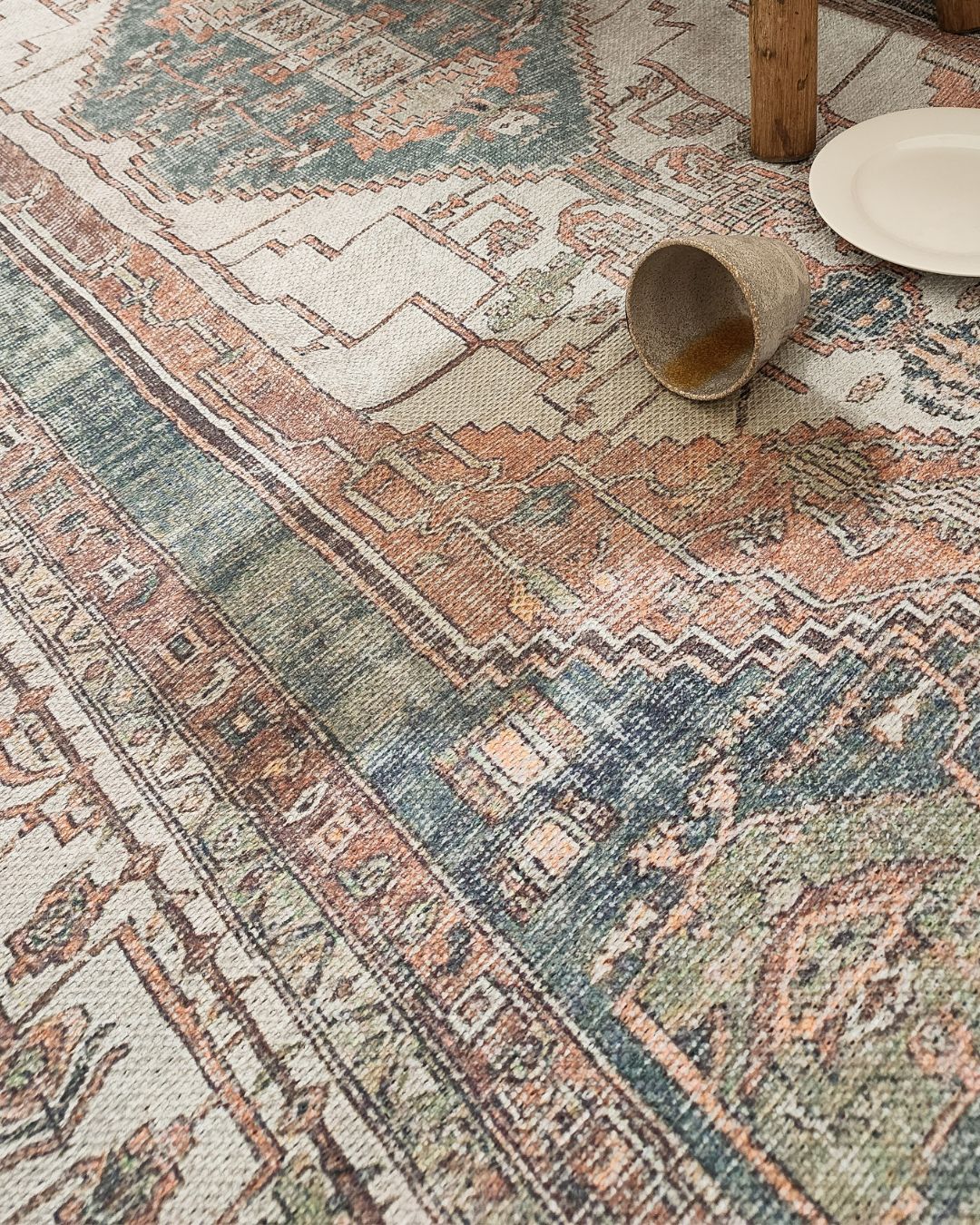 Priya Orange and Green Traditional Distressed Washable Rug - Image 5