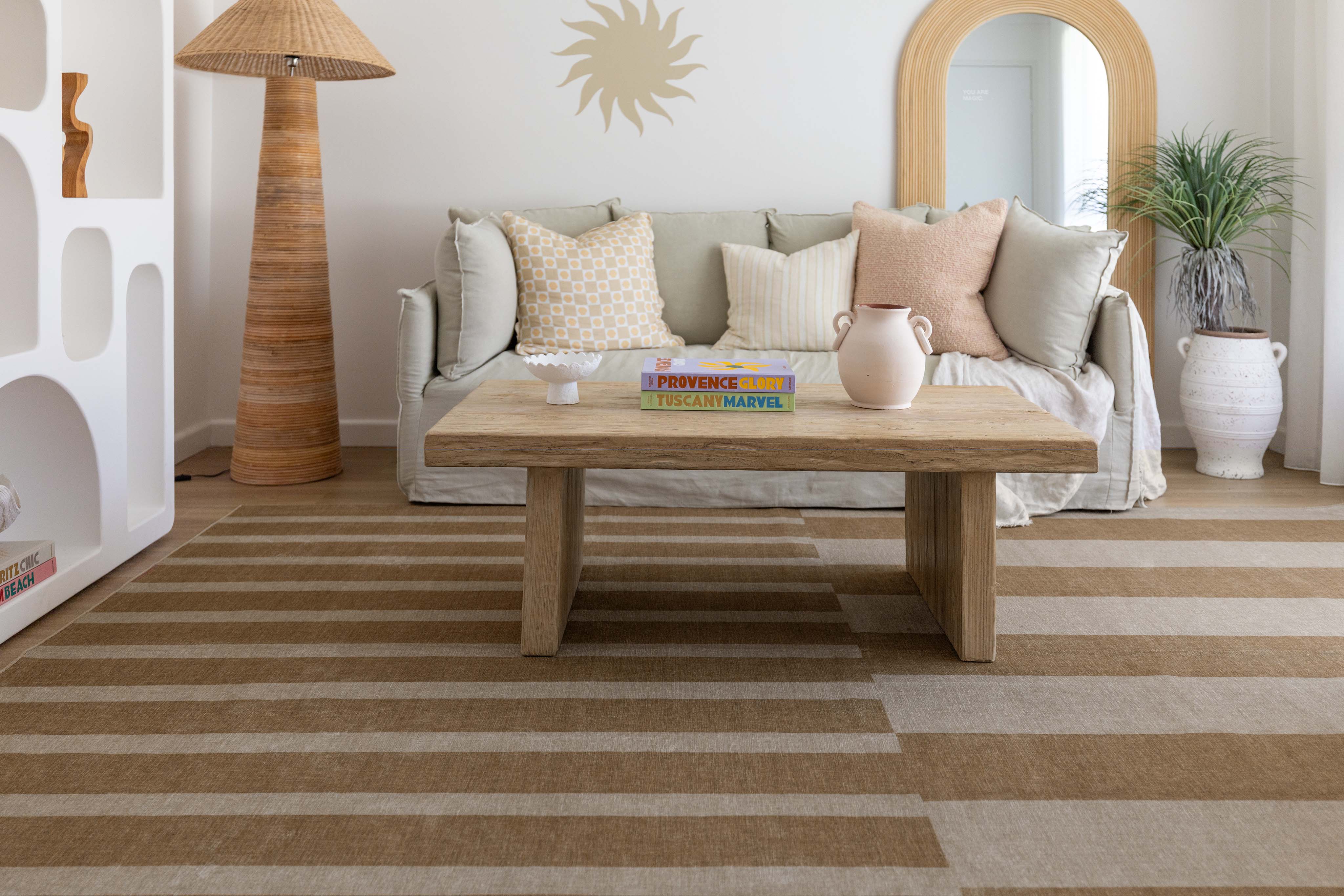 Ravello Warm Beige and Golden Sand Striped Indoor Outdoor Rug - Image 3