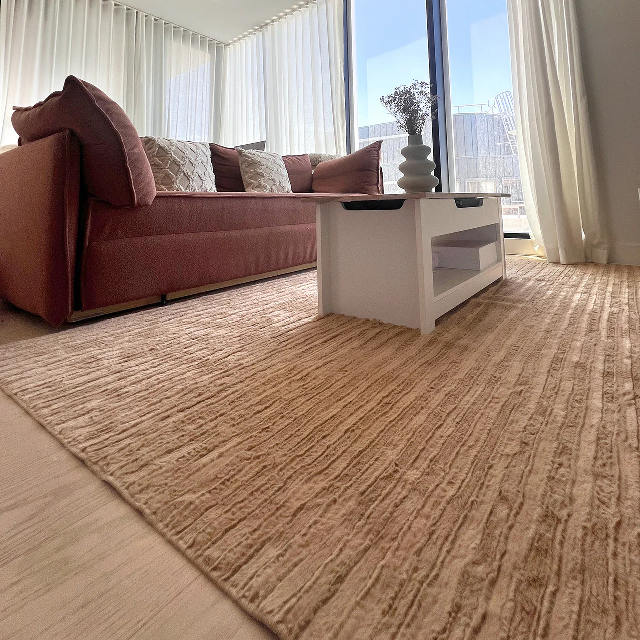 Sitti Beige Striped Washable Faux Fur Rug - Image 9