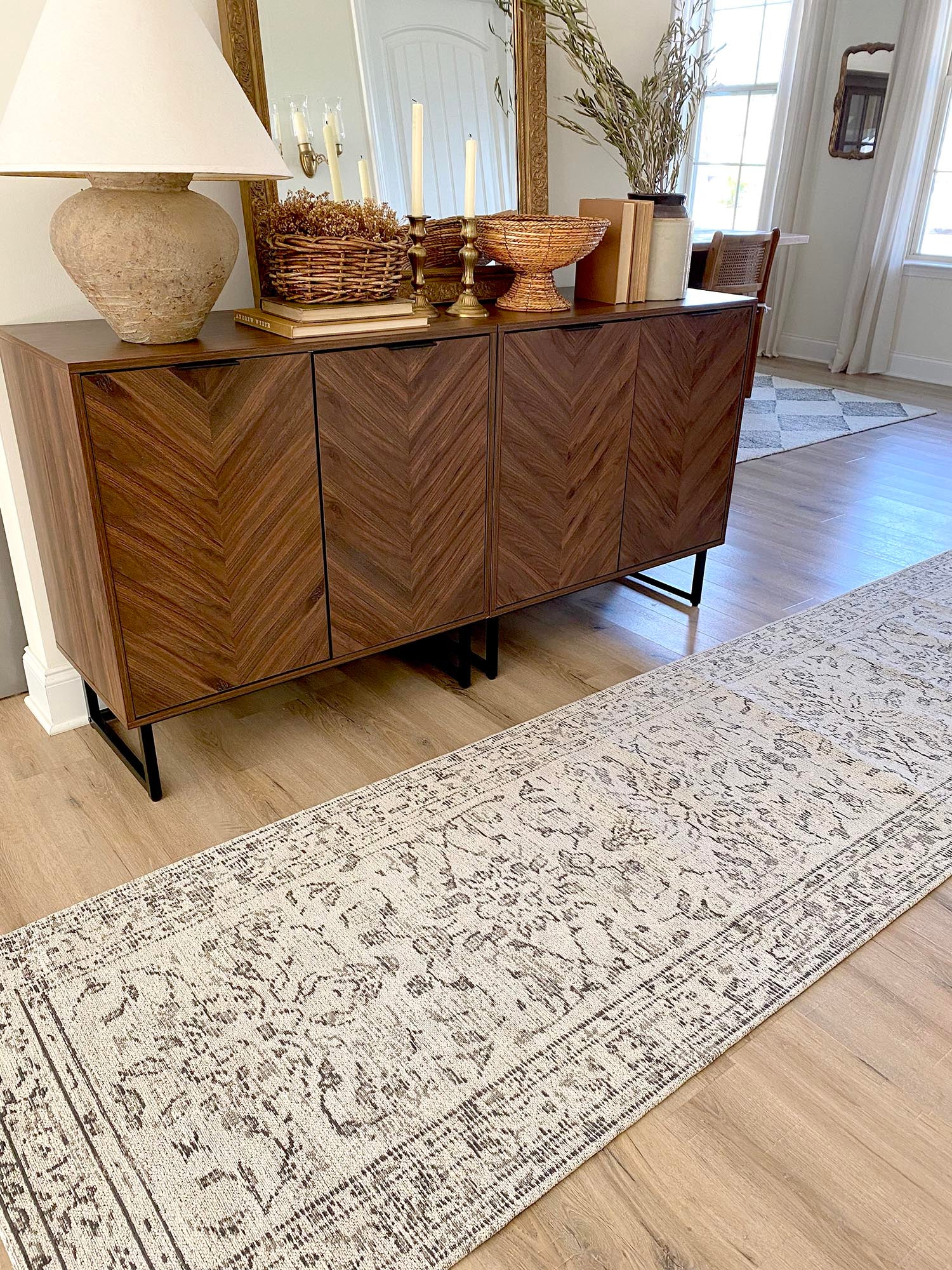 Sonia Beige and Grey Floral Pattern Runner Rug - Image 3