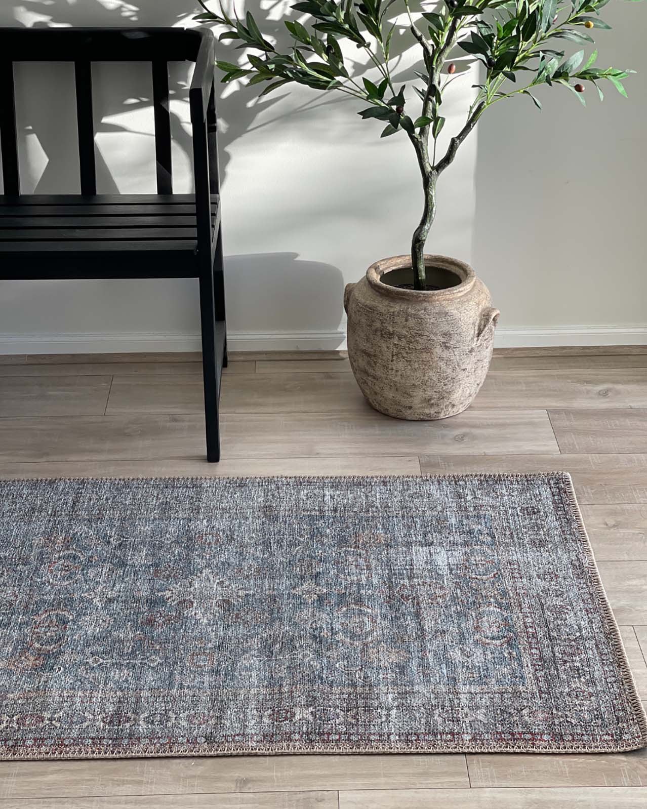 Sorra Blue and Brown Traditional Distressed Washable Runner Rug - Image 2