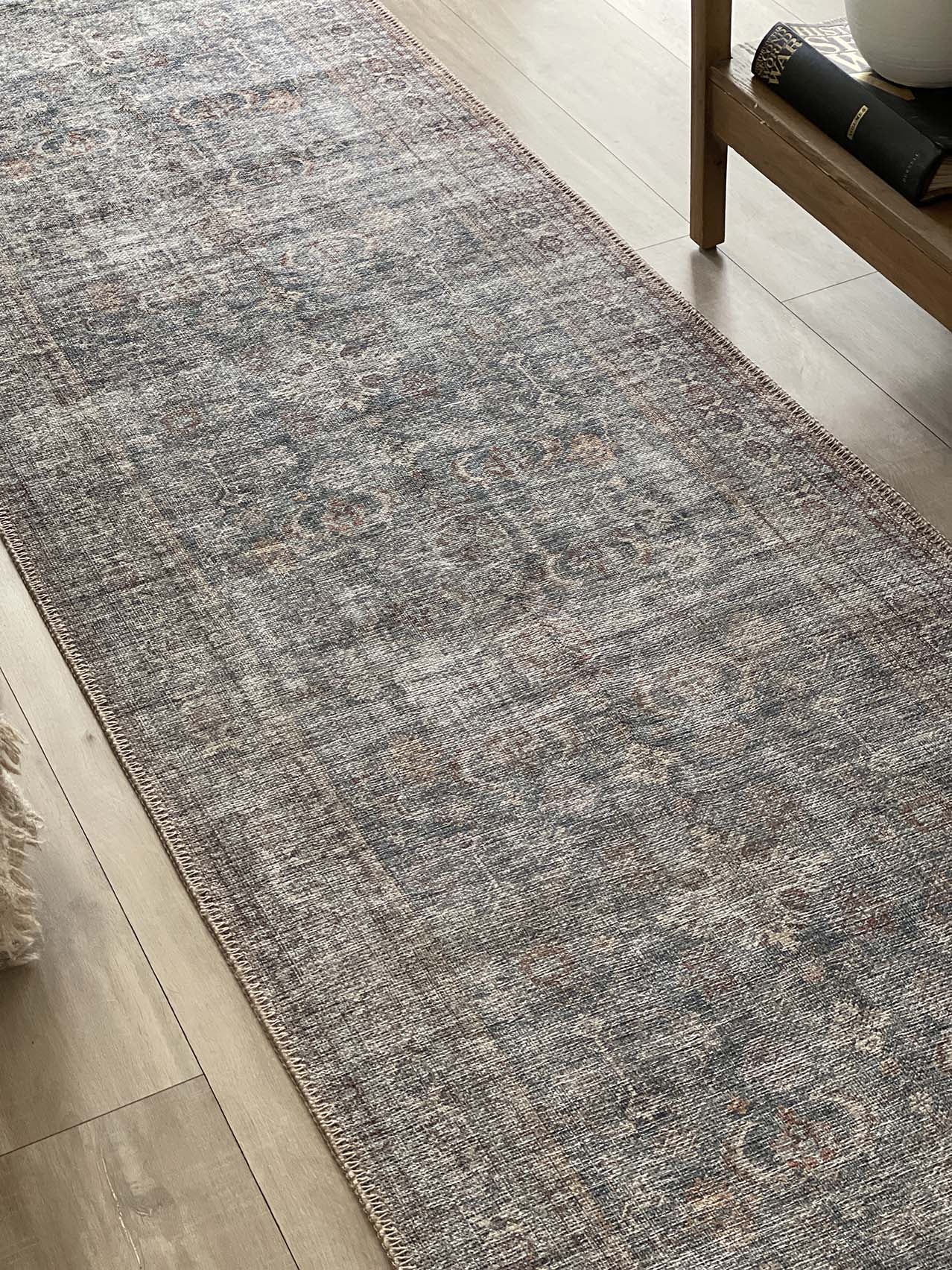 Sorra Blue and Brown Traditional Distressed Washable Runner Rug - Image 4