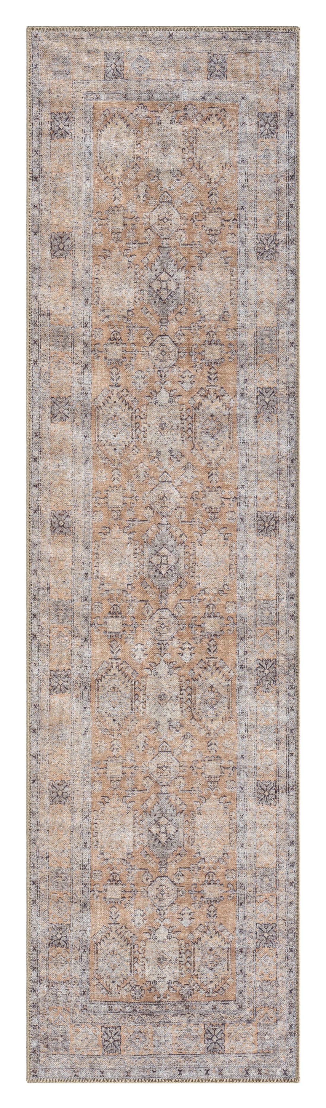 Sydelle Brown and Grey Traditional Distressed Washable Runner Rug