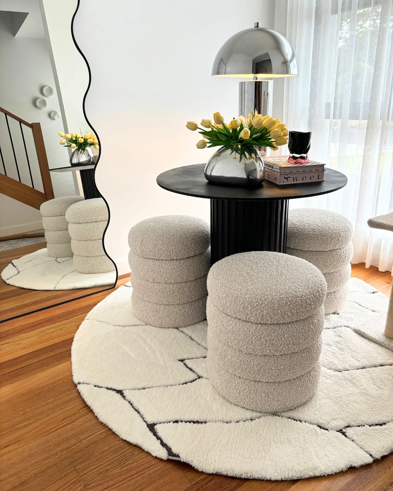 Tahlee Cream and Charcoal Grey Tribal Round Shag Rug - Image 2