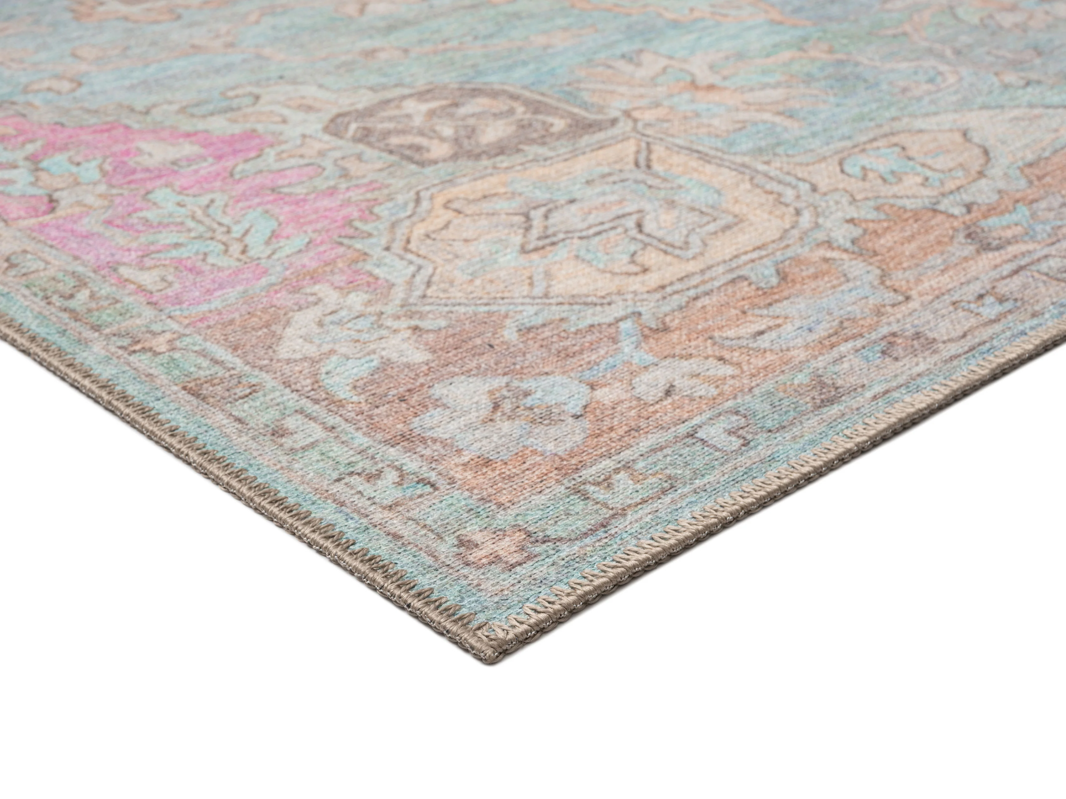 Tavi Blue and Pink Multi-Colour Distressed Washable Rug - Image 7