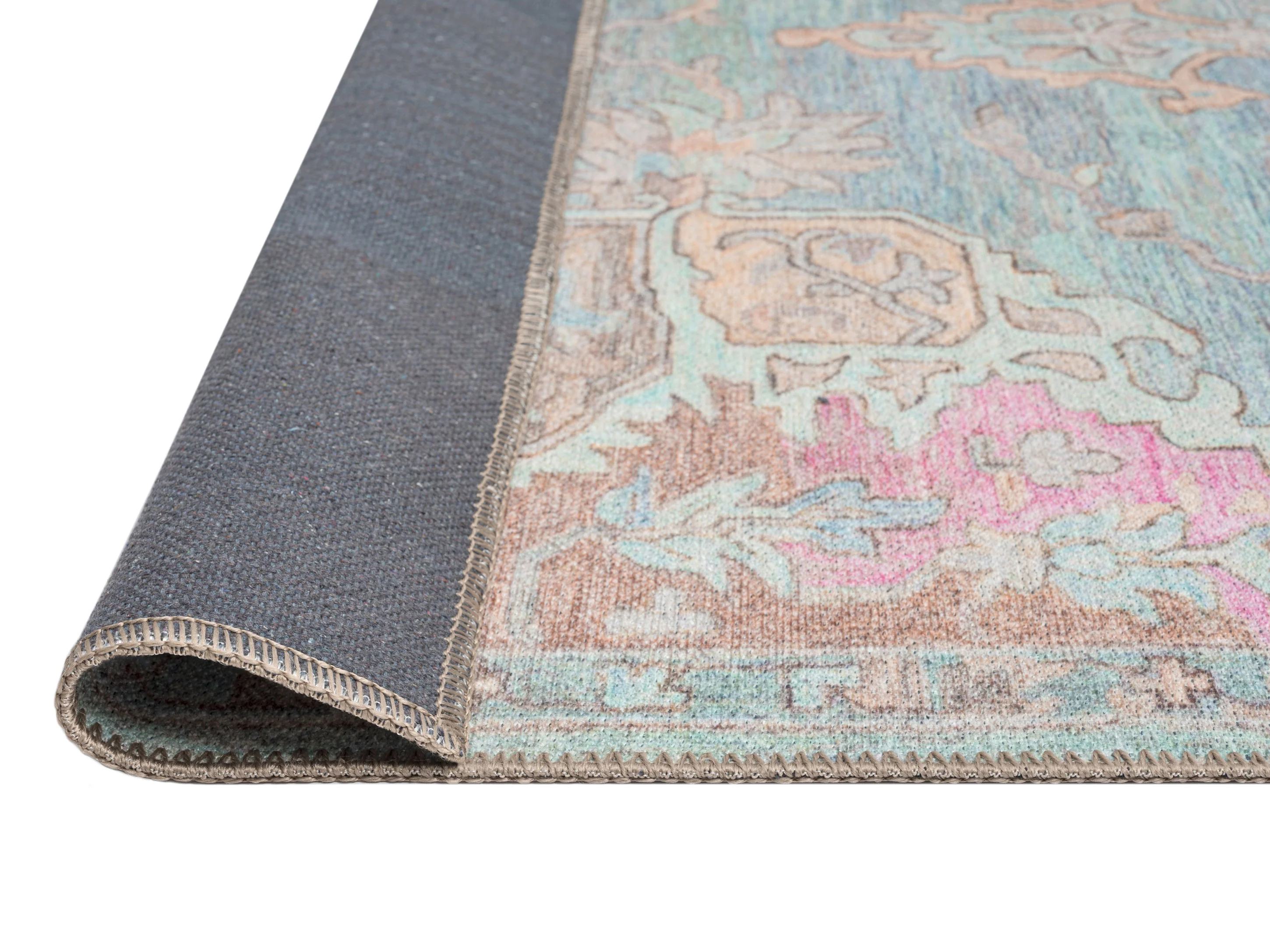 Tavi Blue and Pink Multi-Colour Distressed Washable Rug - Image 9