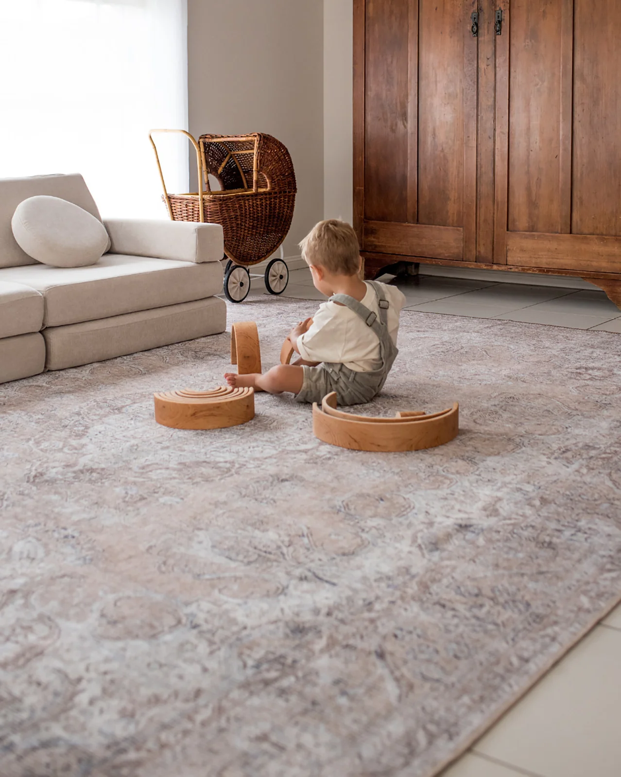 Tinka Beige and Grey Traditional Distressed Washable Rug - Image 4