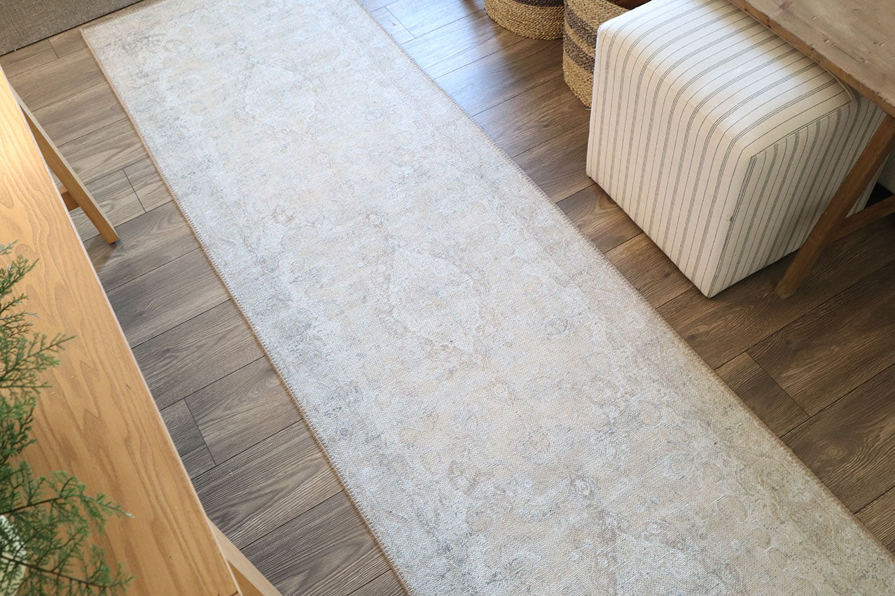 Tinka Beige and Grey Traditional Distressed Washable Runner Rug - Image 4