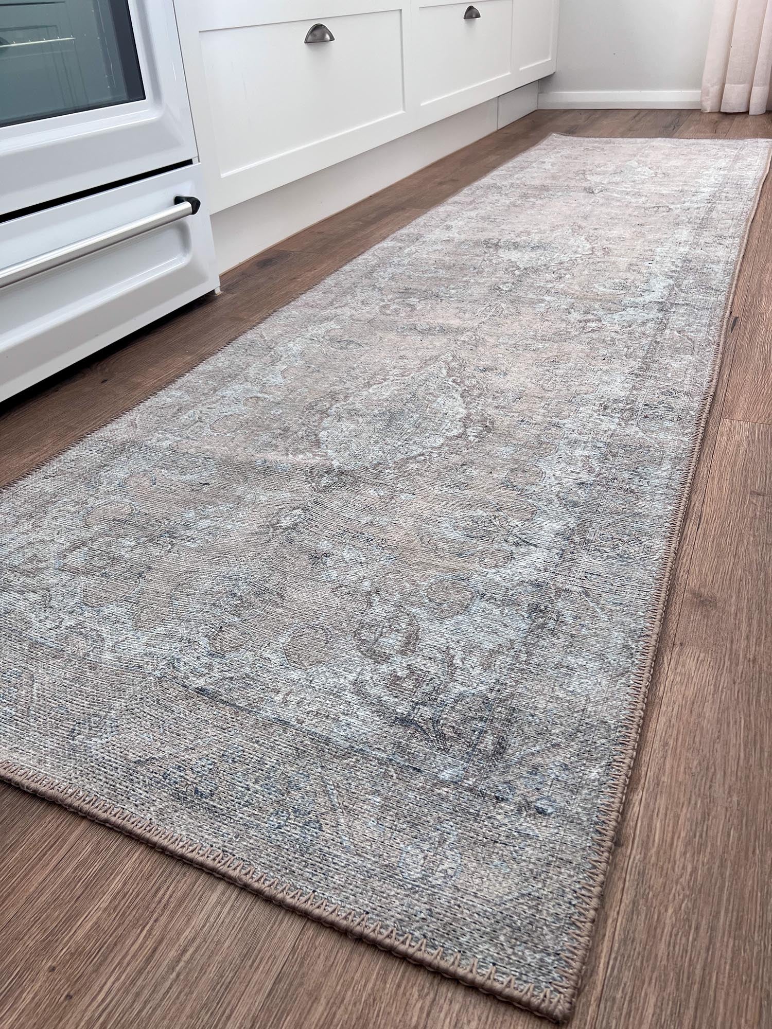 Tinka Beige and Grey Traditional Distressed Washable Runner Rug - Image 9