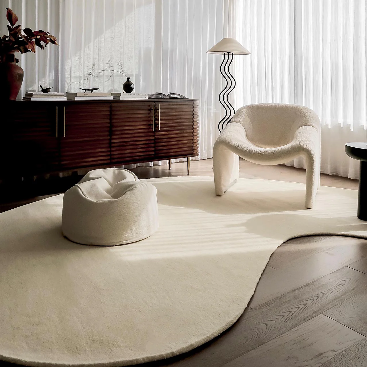 Vanni Solid Cream Curved Wool Rug - Image 11