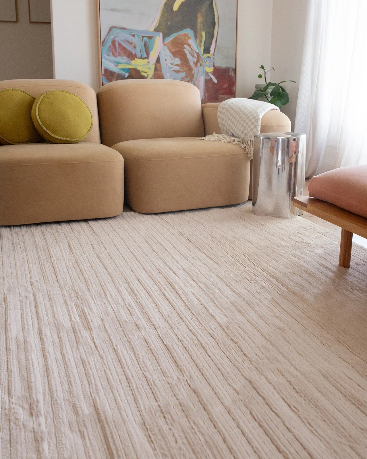 Veluz Cream Striped Washable Faux Fur Rug - Image 2
