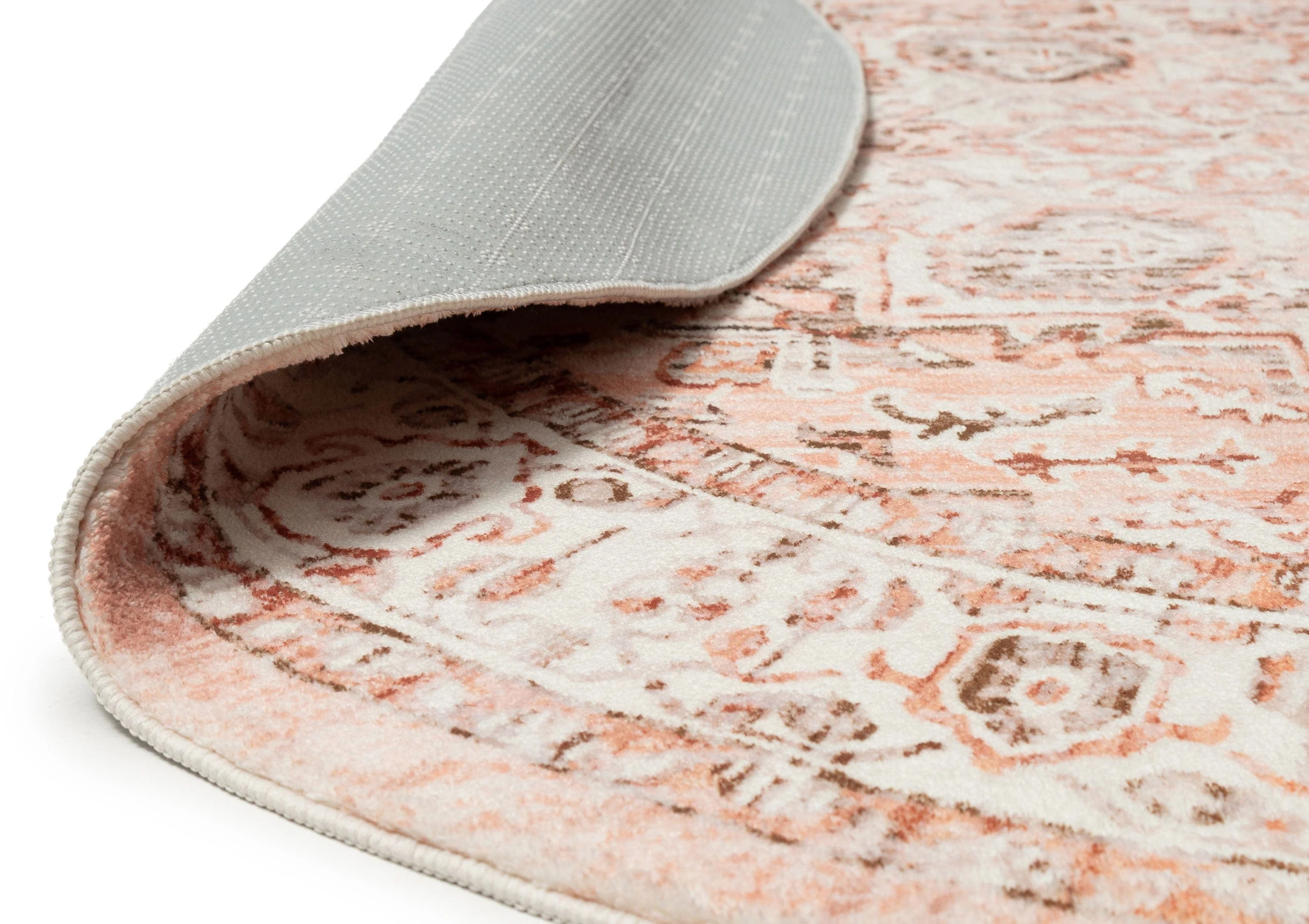 Veronique Peach and Brown Distressed Washable Round Rug - Image 6