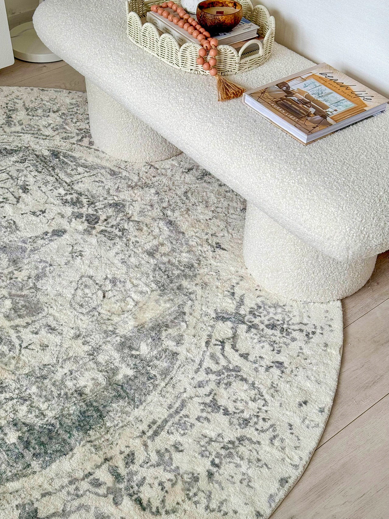 Yelina Cream and Grey Distressed Washable Round Rug - Image 6